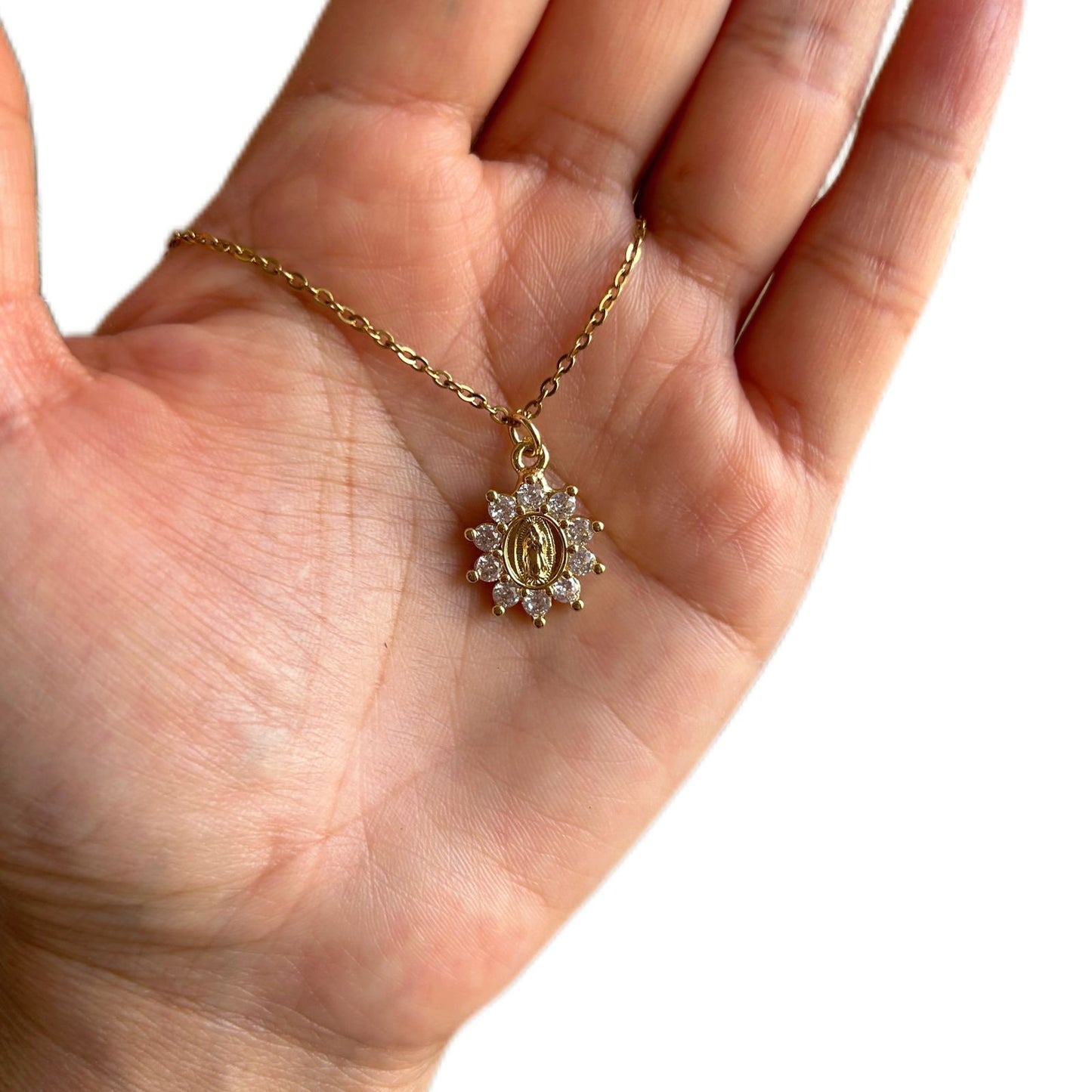 Virgen de Guadalupe flor zirconias blancas