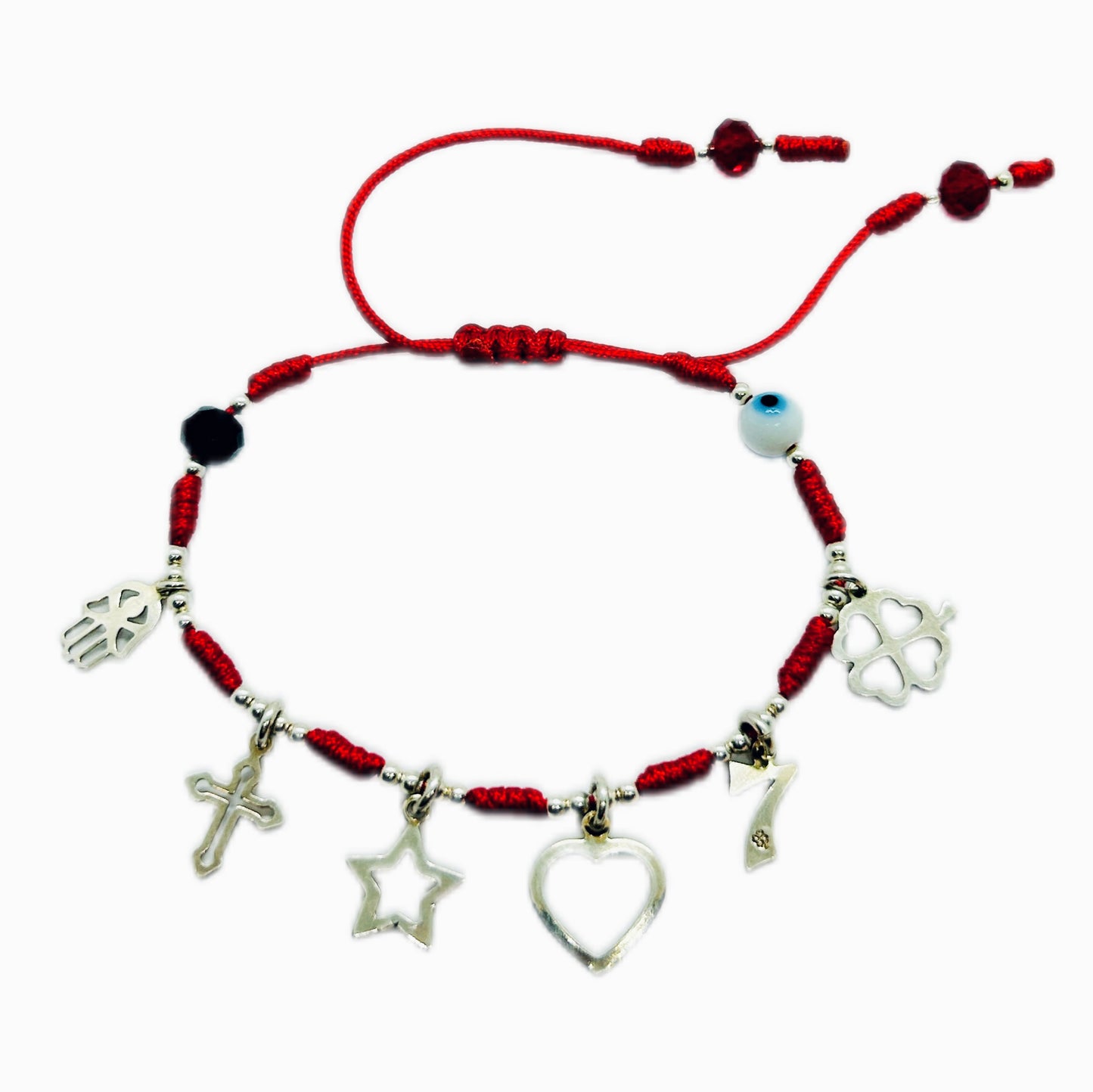 Pulsera roja con dijes de protección en plata