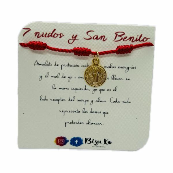 Pulsera 7 nudos hilo rojo San Benito chapa de oro